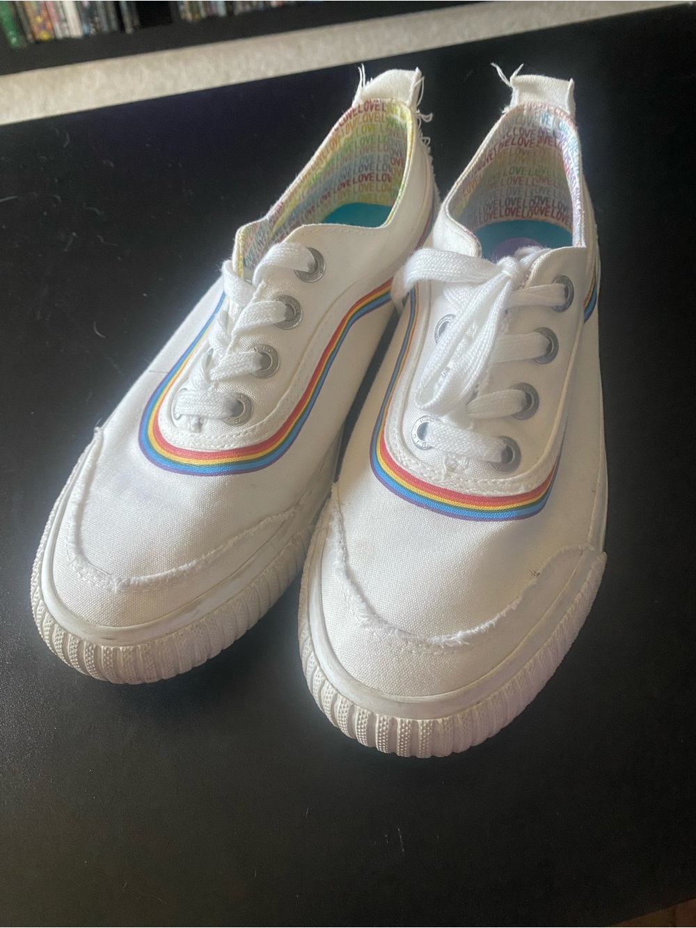 White Canvas Sneakers with Rainbow Trim - Women's Low Top